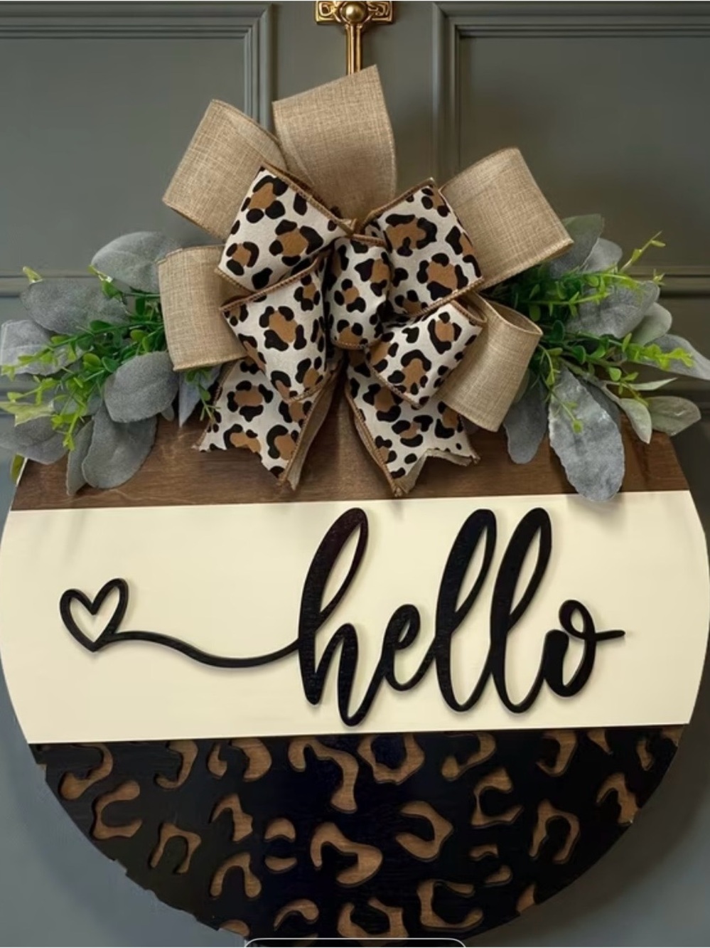 Hello Round Wood Wall Sign with Leopard Ribbon - Beige & Black